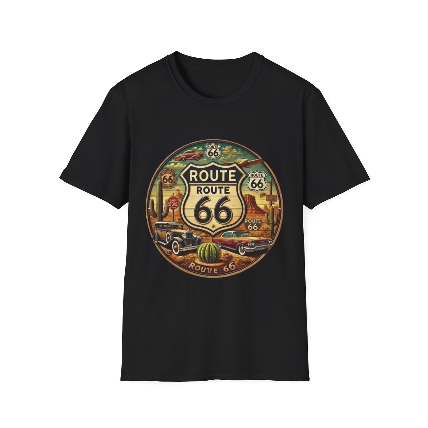 Vintage Route 66 Unisex Softstyle T-Shirt - Retro Travel Vibe