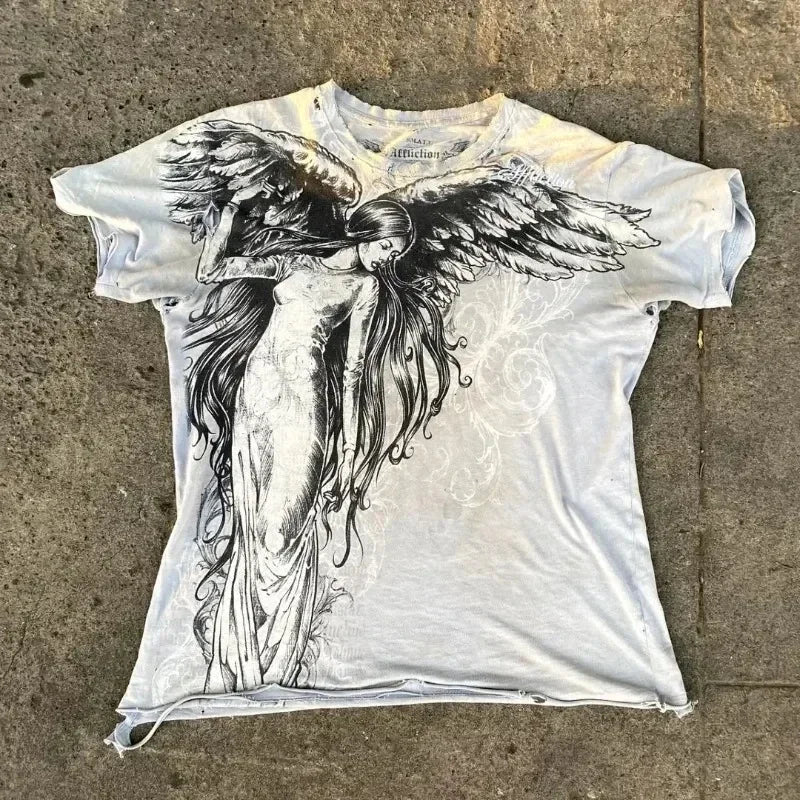 2000s affliction Graphic T-Shirt Mens Large Grunge Wings New Fashion Style Couple Tops Pure Cotton Shirt