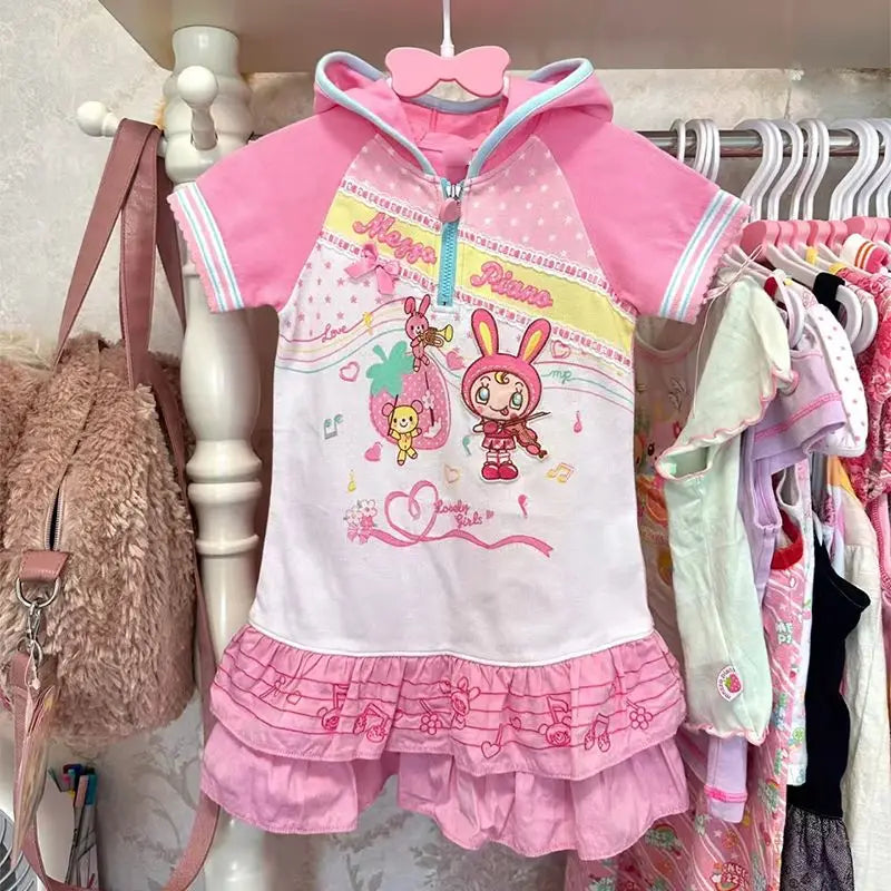 2025 Ropa Mujer Japanese T Shirts Y2k Tops Hooded Short Sleeve Camisetas Cartoon Print T-shirt Casual Fashion Summer Sweet Tees