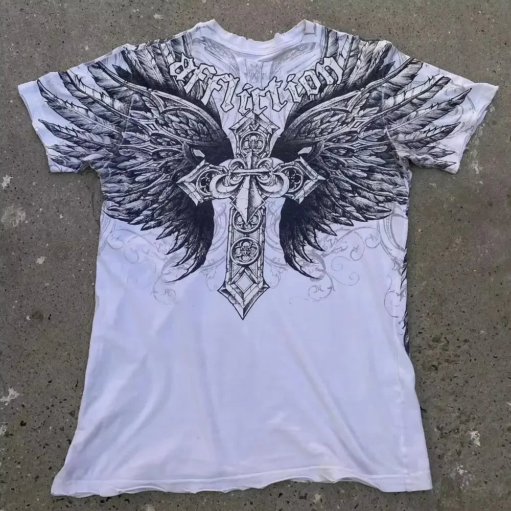 2000s affliction Graphic T-Shirt Mens Large Grunge Wings New Fashion Style Couple Tops Pure Cotton Shirt
