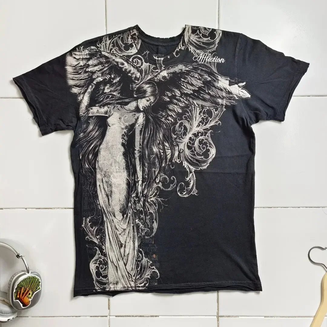 2000s affliction Graphic T-Shirt Mens Large Grunge Wings New Fashion Style Couple Tops Pure Cotton Shirt