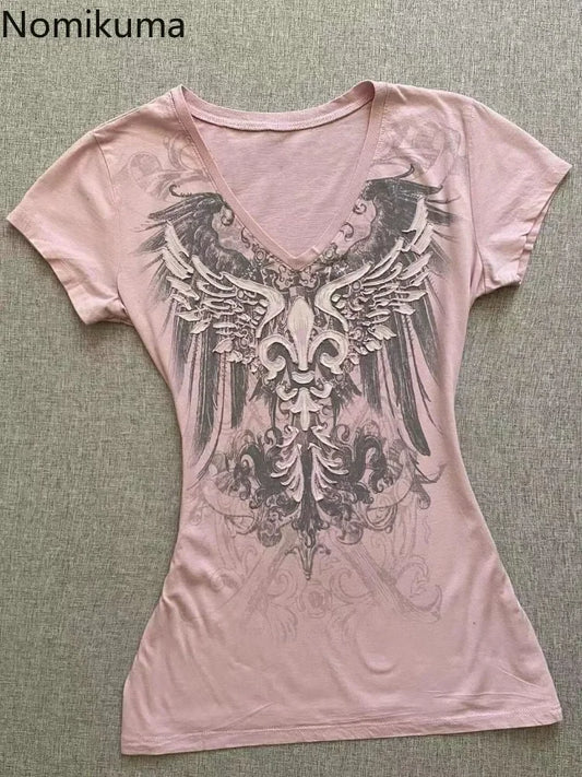 2025 Ropa Mujer Summer Tshirts for Women V-neck Short Sleeve Tunic Camisetas Pink Print Tees Crop Tops Casual Chic Y2k T-shirt