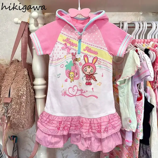 2025 Ropa Mujer Japanese T Shirts Y2k Tops Hooded Short Sleeve Camisetas Cartoon Print T-shirt Casual Fashion Summer Sweet Tees